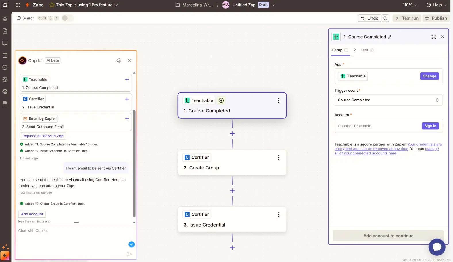 Zapier workflow builder linking Teachable and Certifier steps to send a certificate email upon course completion, demonstrating Zapier Teachable integration and Teachable certificate automation.