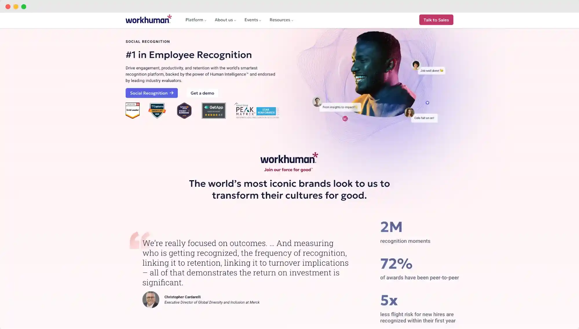 Workhuman homepage spotlighting peer recognition statistics and a testimonial, positioning it as the best employee development software for boosting engagement.