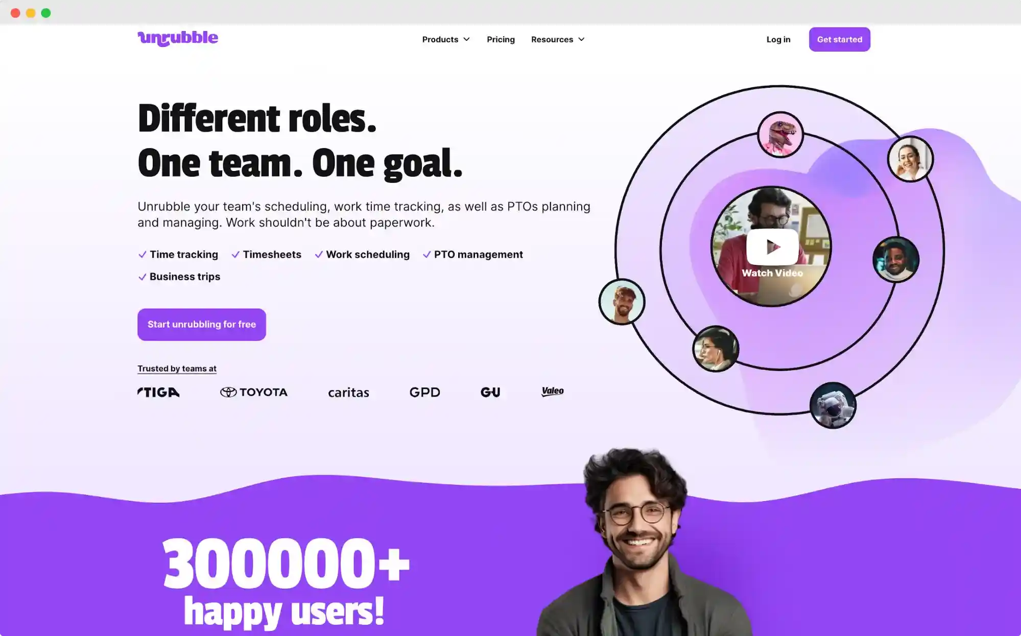 Unrubble's homepage with a circular user workflow graphic, presenting it as employee career development software for scheduling, PTO and team collaboration.