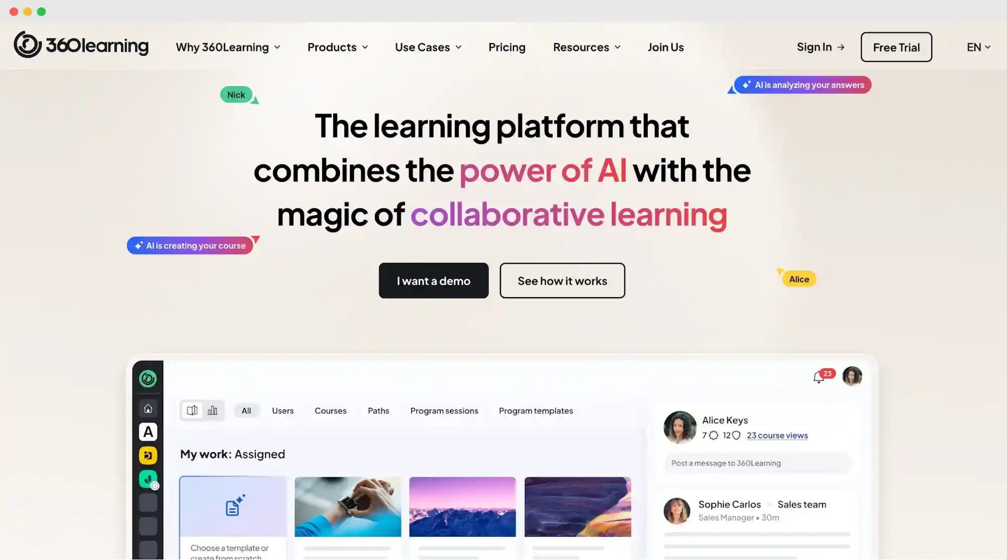 360Learning’s homepage; e-learning software for employee development to support course creation.