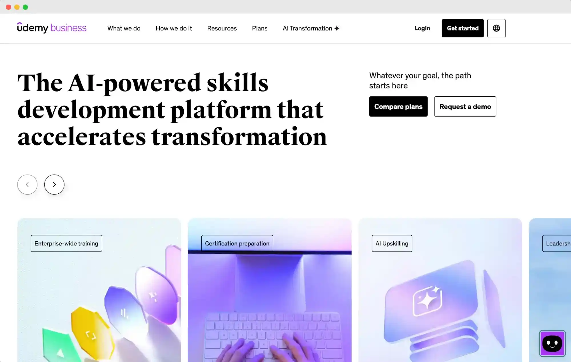 Udemy Business homepage; employee skills development software for workforce transformation.