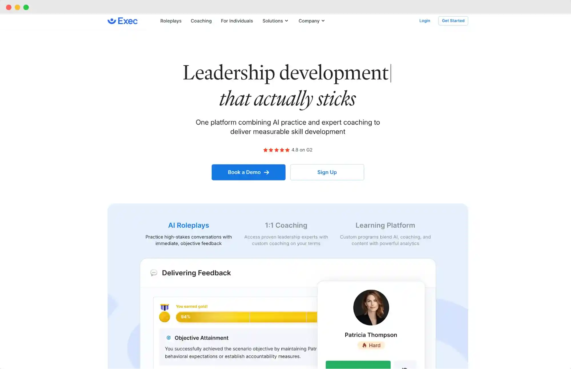 Exec’s homepage highlighting coaching and AI roleplay as features of effective talent development software for employee skill growth.