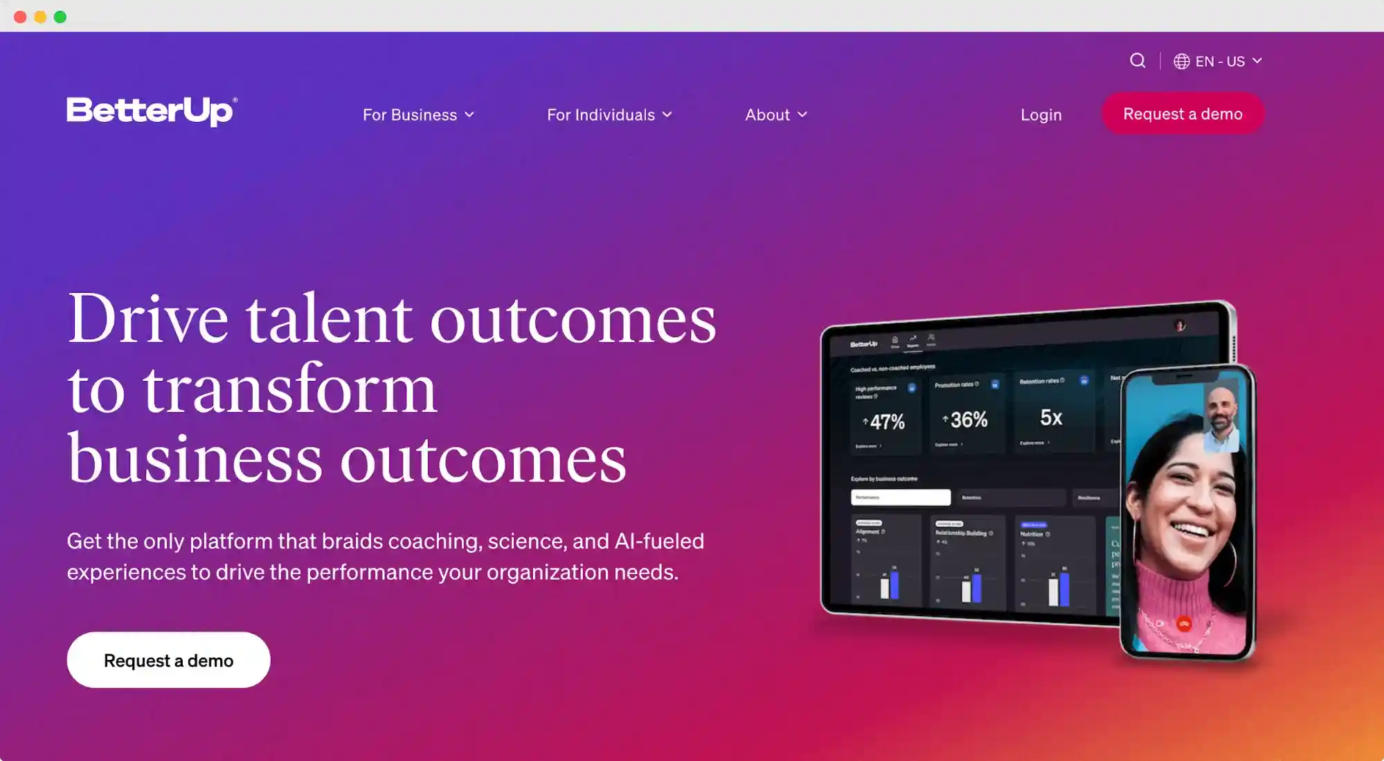 BetterUp’s landing page featuring video calls and coaching dashboards; one of the online employee development software solutions.