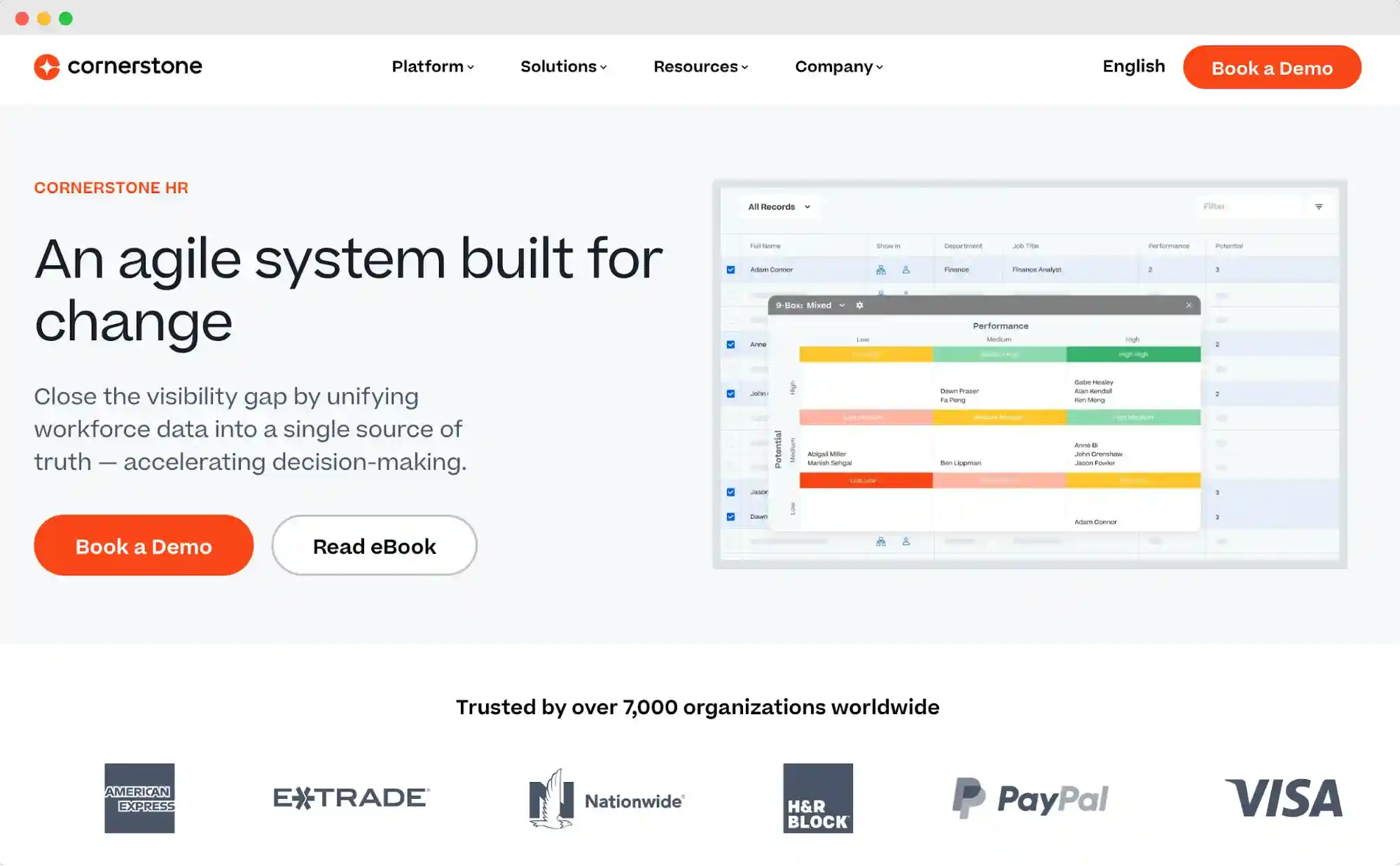 Cornerstone HR page showcasing agile workforce analytics as features of effective talent development software for employee skill growth.