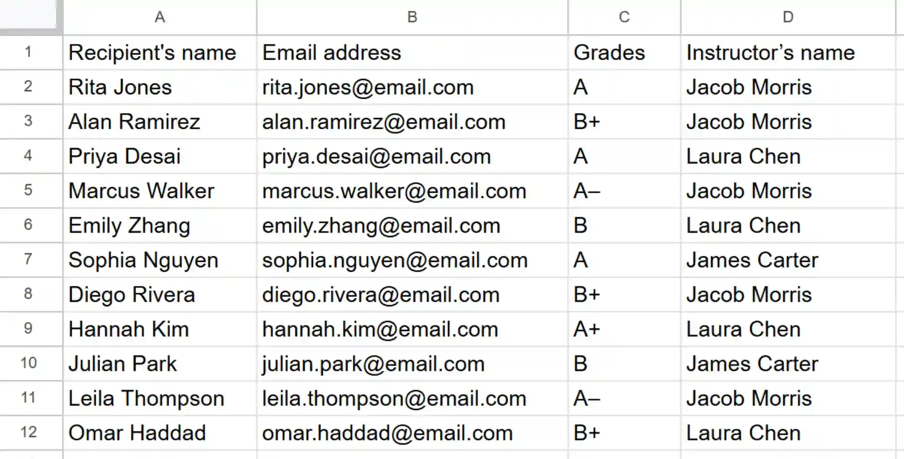 A recipient data spreadsheet used to auto-generate a certificate for completing a course, showing names, grades and instructors, key to setting up a training course completion certificate format. A recipient data spreadsheet used to auto-generate a certificate for completing a course, showing names, grades and instructors, key to setting up a training course completion certificate format.
