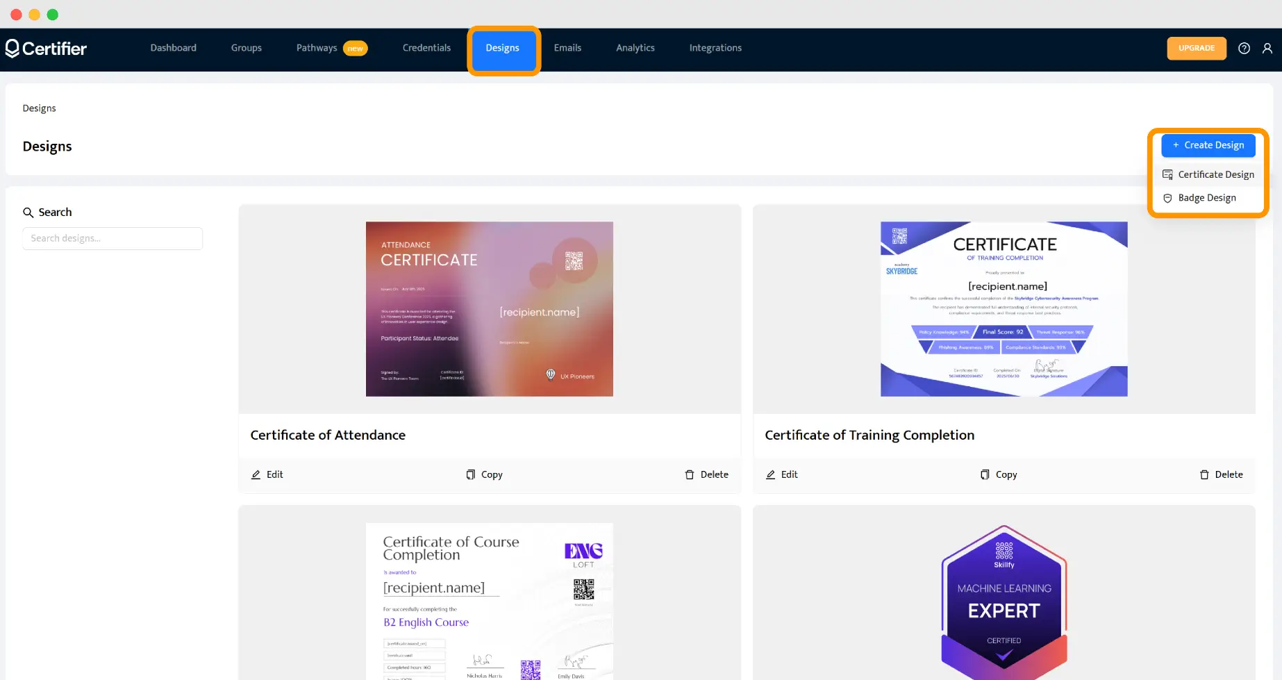 The Designs tab showing multiple course completed certificate templates with consistent color schemes and completion design templates. The Designs tab showing multiple course completed certificate templates with consistent color schemes and completion design templates.