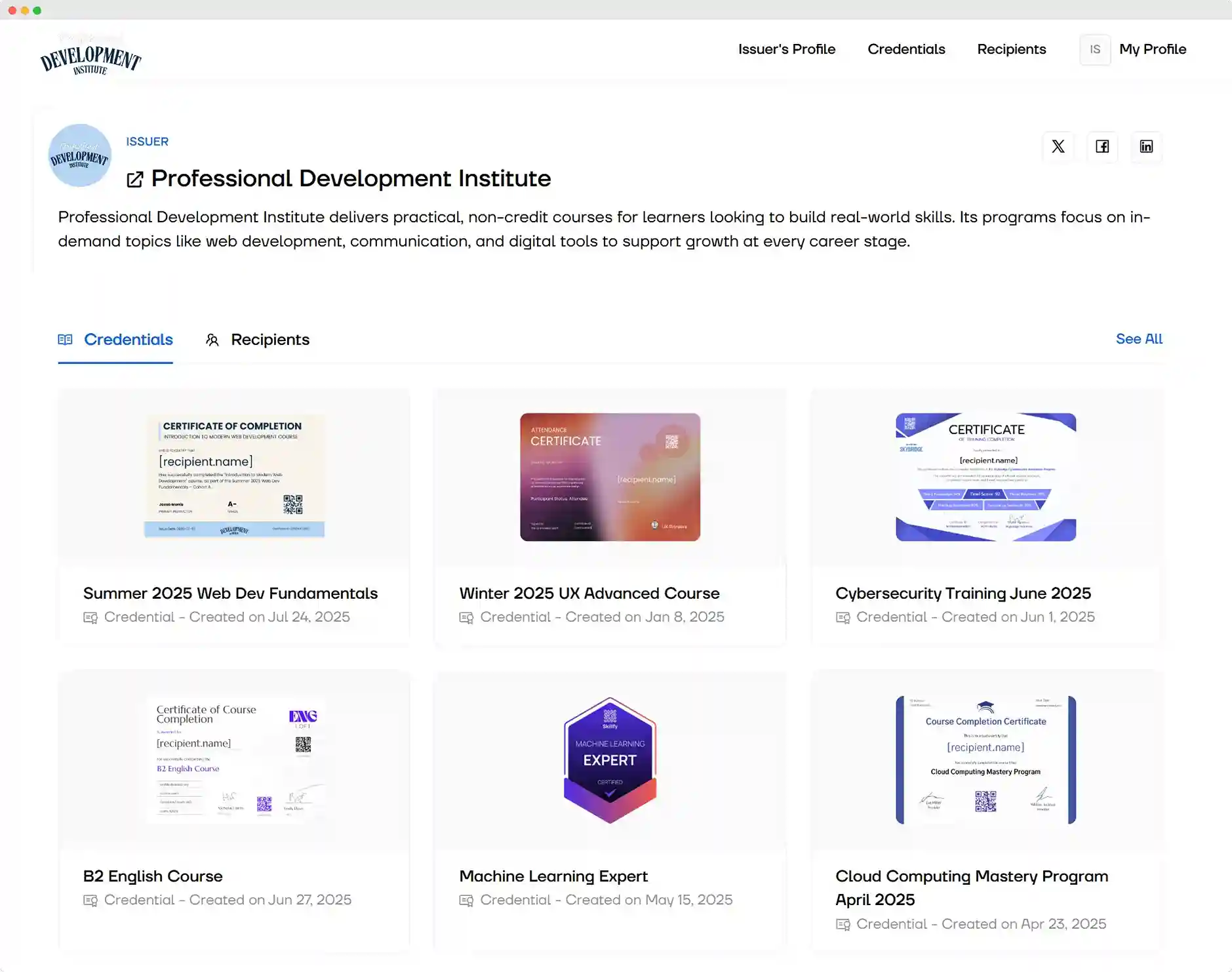 Certifier Issuer’s Portal with free certificate documents; branded with logo, featuring company description and recipients profile and issuer’s profile. Certifier Issuer’s Portal with free certificate documents; branded with logo, featuring company description and recipients profile and issuer’s profile.