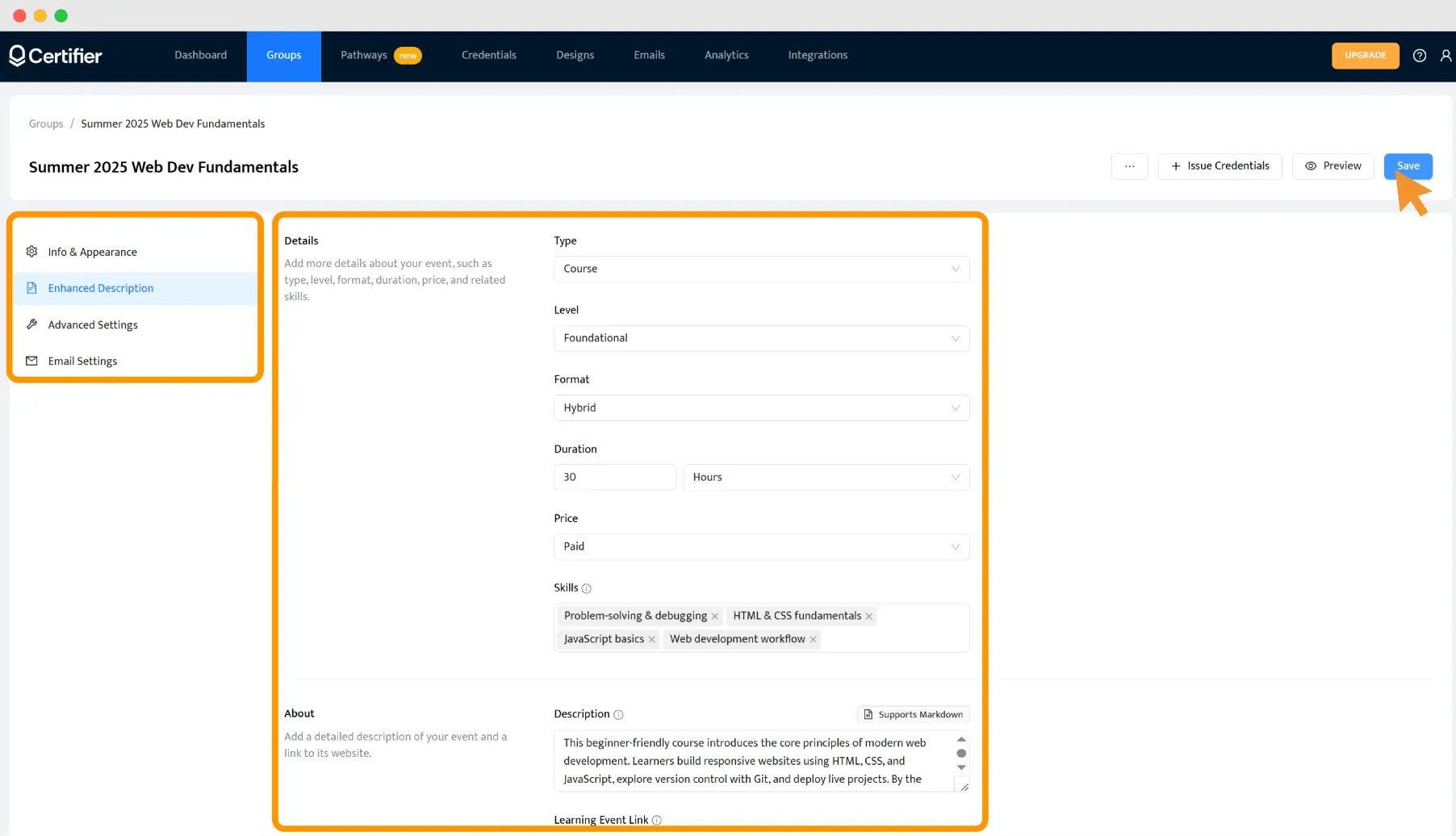 A course creation setup form for a hybrid, foundational-level specific course in web development, defining duration, skills and certificate for course completion details. A course creation setup form for a hybrid, foundational-level specific course in web development, defining duration, skills and certificate for course completion details.