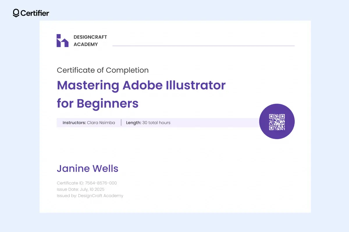Udemy certificate sample PDF in branded colors and QR code; it features a clean layout and appropriate spacing. Udemy certificate sample PDF in branded colors and QR code; it features a clean layout and appropriate spacing.