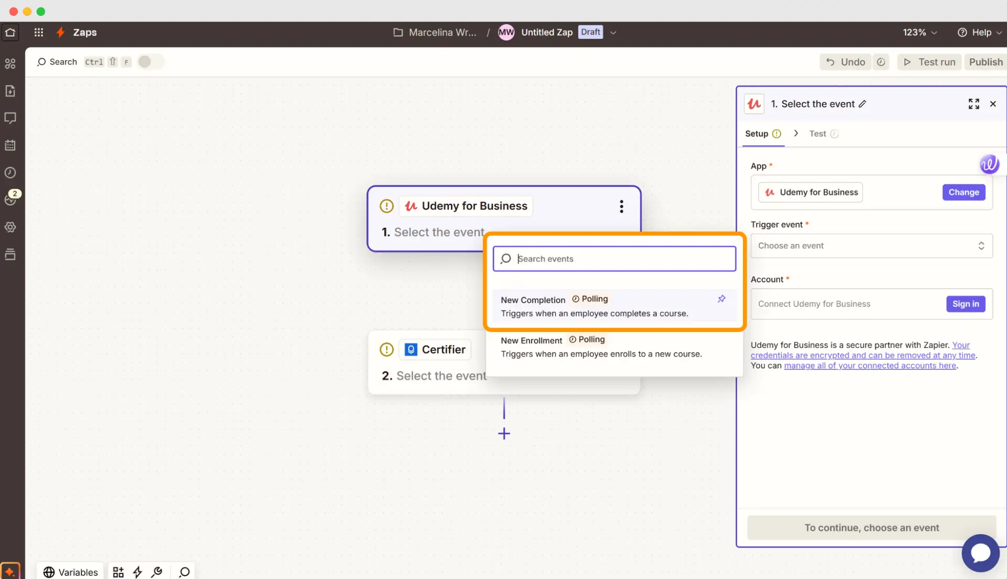 Zapier dashboard: connecting Udemy for Business with Certifier to send well-designed Udemy certificate samples. Zapier dashboard: connecting Udemy for Business with Certifier to send well-designed Udemy certificate samples.