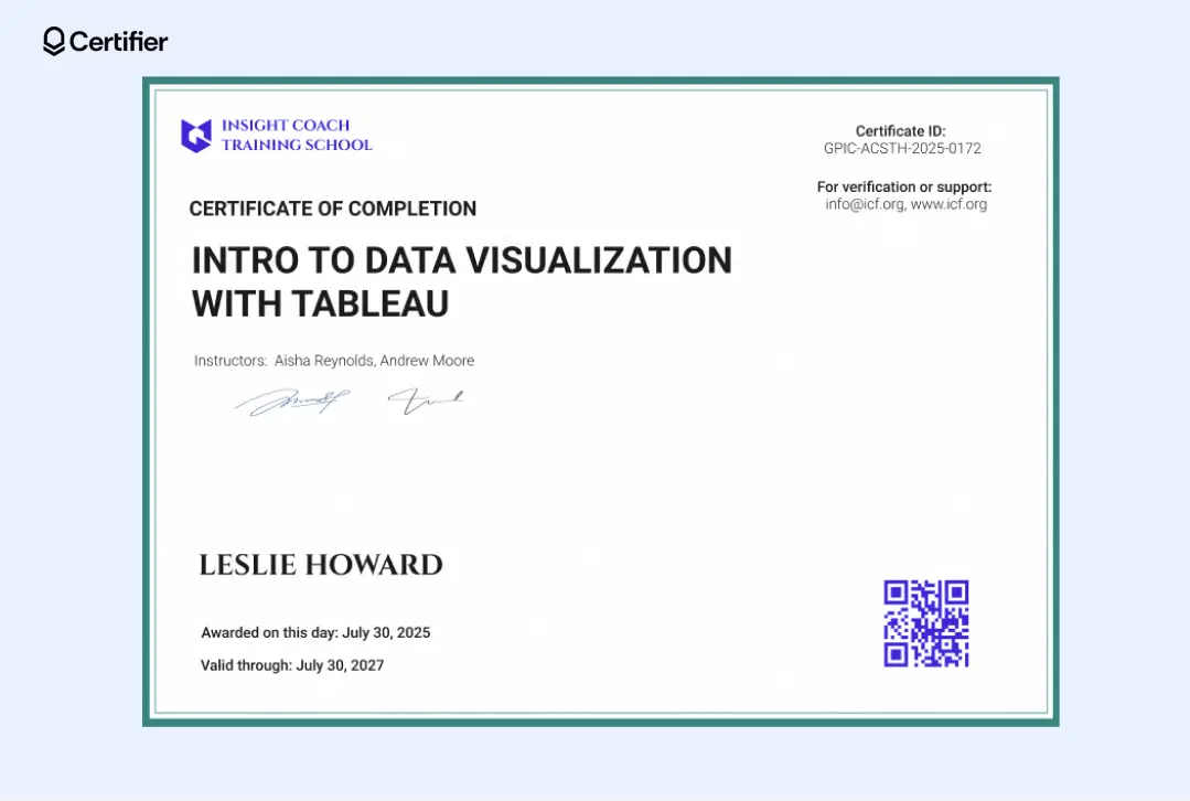 Editable Tableau course certificate template styled as a Udemy certificate sample 2025 with ID, QR code and branding elements. Editable Tableau course certificate template styled as a Udemy certificate sample 2025 with ID, QR code and branding elements.