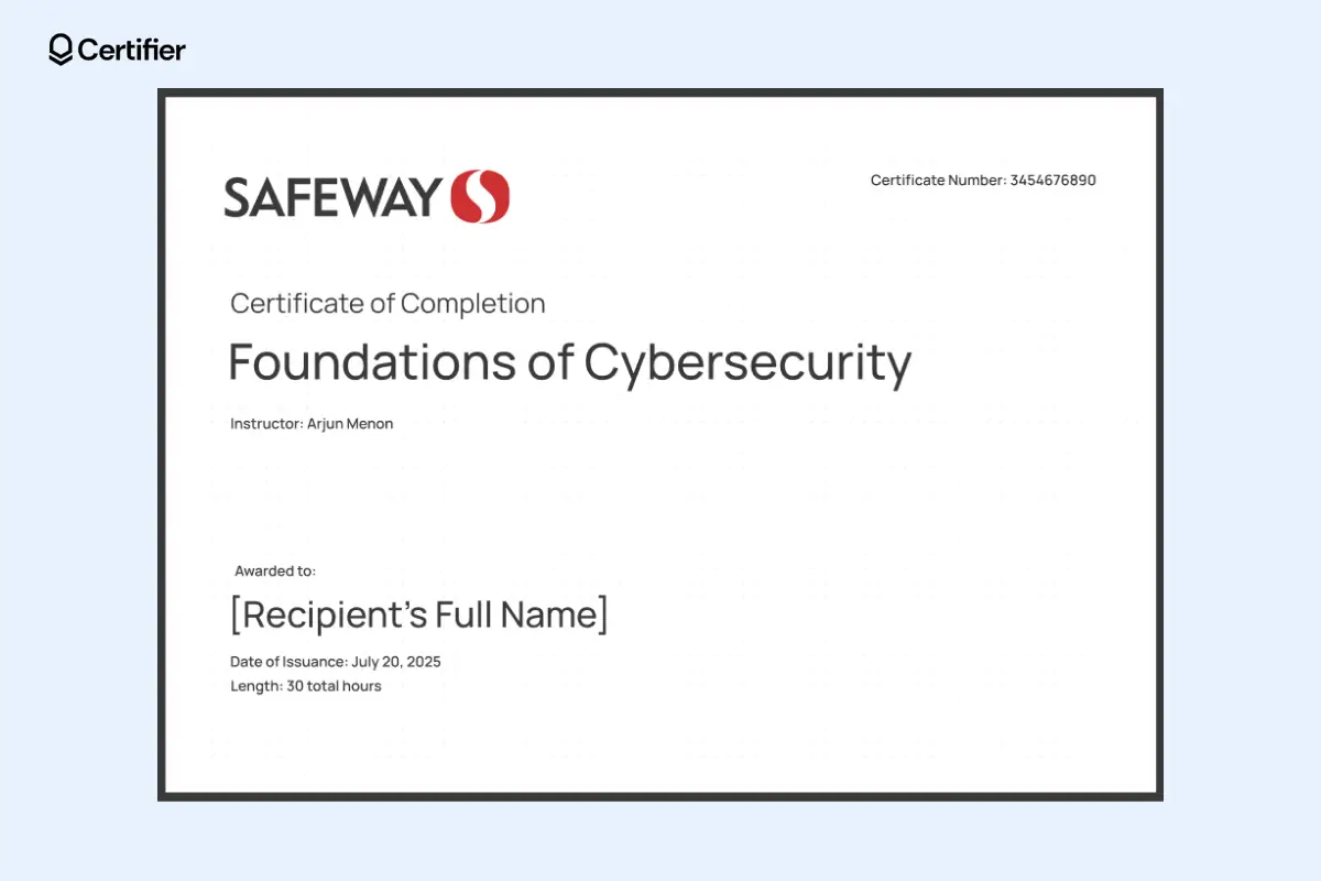 Cybersecurity course certificate template styled like a Udemy certificate of completion sample image with bold logo and dotted background. Cybersecurity course certificate template styled like a Udemy certificate of completion sample image with bold logo and dotted background.
