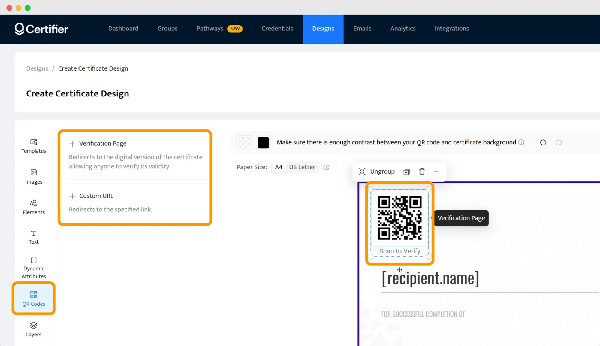 Adding a QR code to a certificate styles like a Udemy certificate sample 2025 in Certifier’s editor. Adding a QR code to a certificate styles like a Udemy certificate sample 2025 in Certifier’s editor.