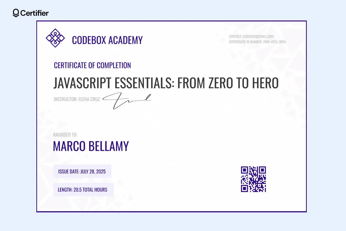 Udemy certificate of completion sample image made in Certifier; it features QR code, digital signatures and course details. Udemy certificate of completion sample image made in Certifier; it features QR code, digital signatures and course details.