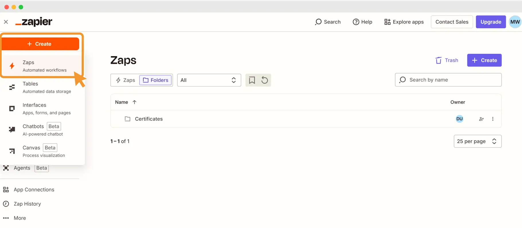 Zapier interface with the “Create Zap” button highlighted, indicating how to automate a process where SurveyMonkey can send certificates after a survey is completed.