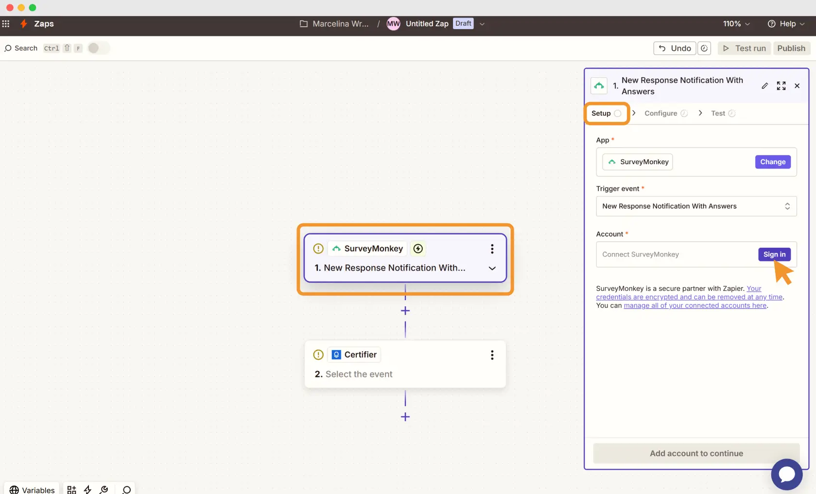 Zapier automation draft linking SurveyMonkey responses to Certifier, showing how can SurveyMonkey send certificates and monitor SurveyMonkey completion rate performance.