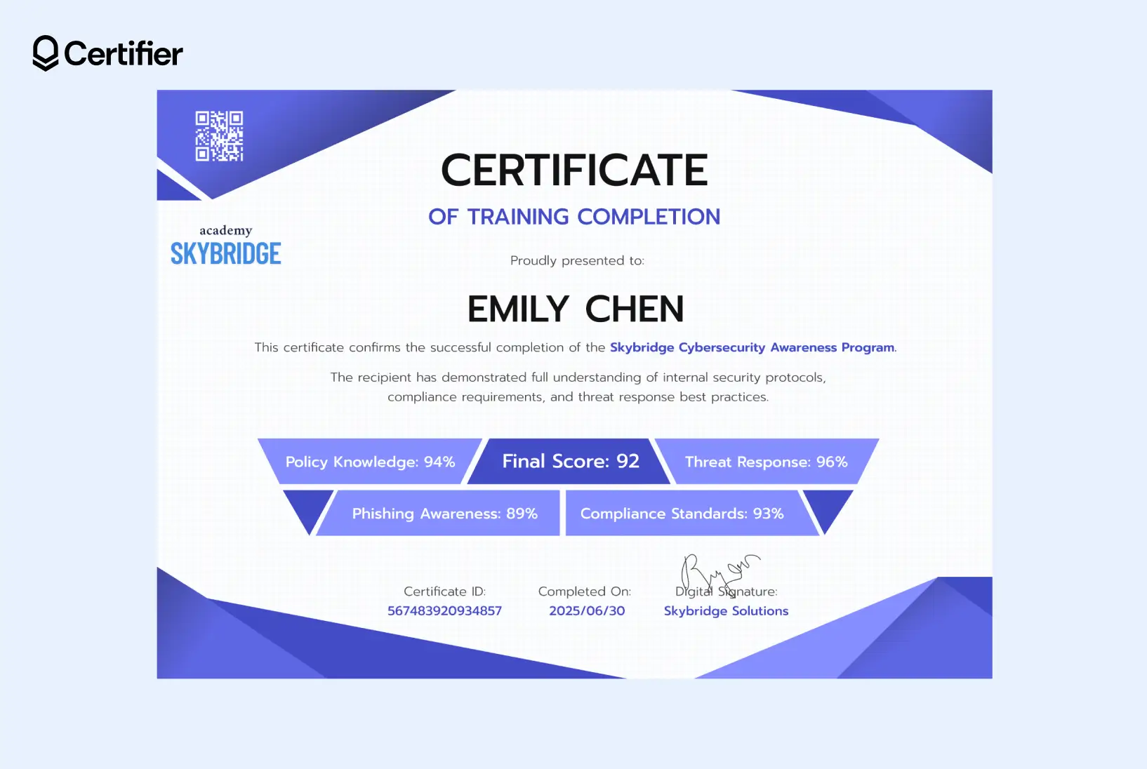 A digital certificate for cybersecurity training, which could be a SurveyMonkey certificate of completion example.