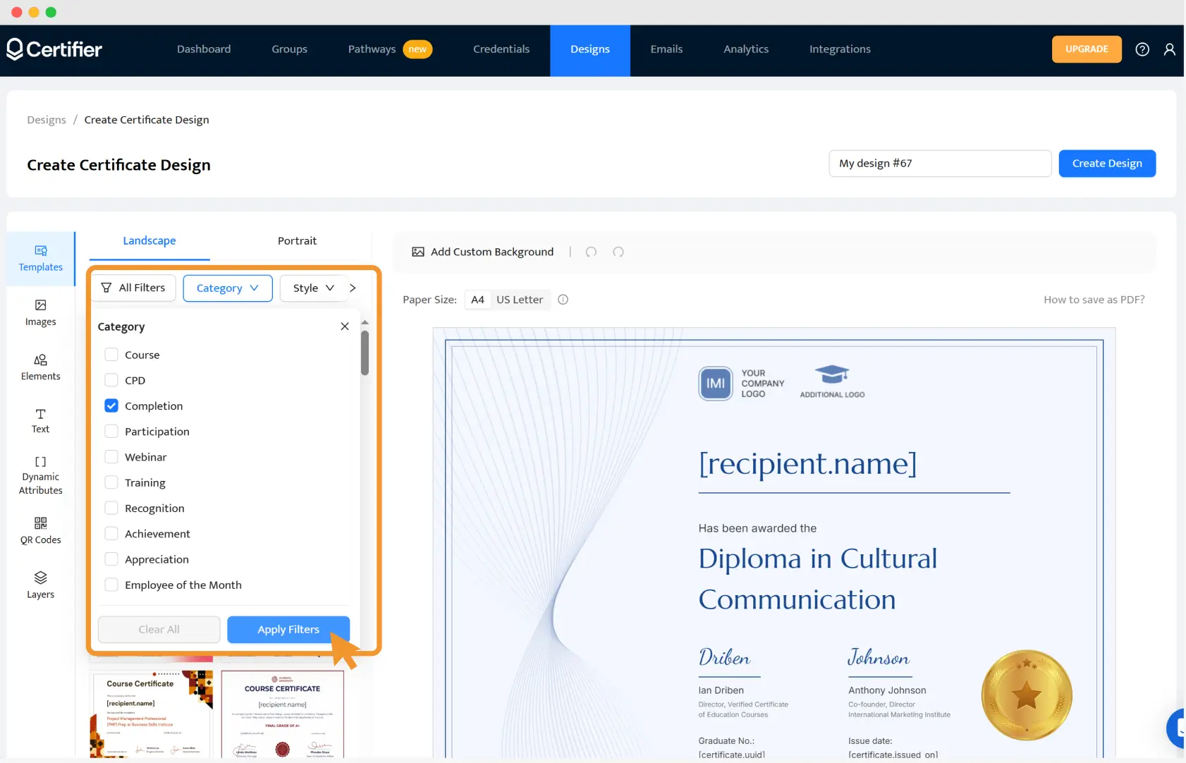 Template selection panel in Certifier with “Completion” category selected, used to create a SurveyMonkey certificate of completion template and then a SurveyMonkey certificate of completion.