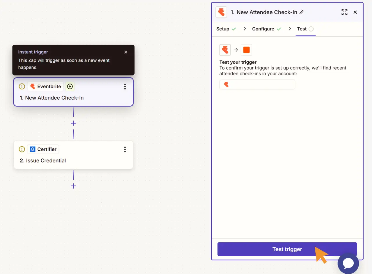 Testing the trigger in Zapier to confirm new attendee check-ins from Eventbrite for automatic Eventbrite certificate automation. Testing the trigger in Zapier to confirm new attendee check-ins from Eventbrite for automatic Eventbrite certificate automation.