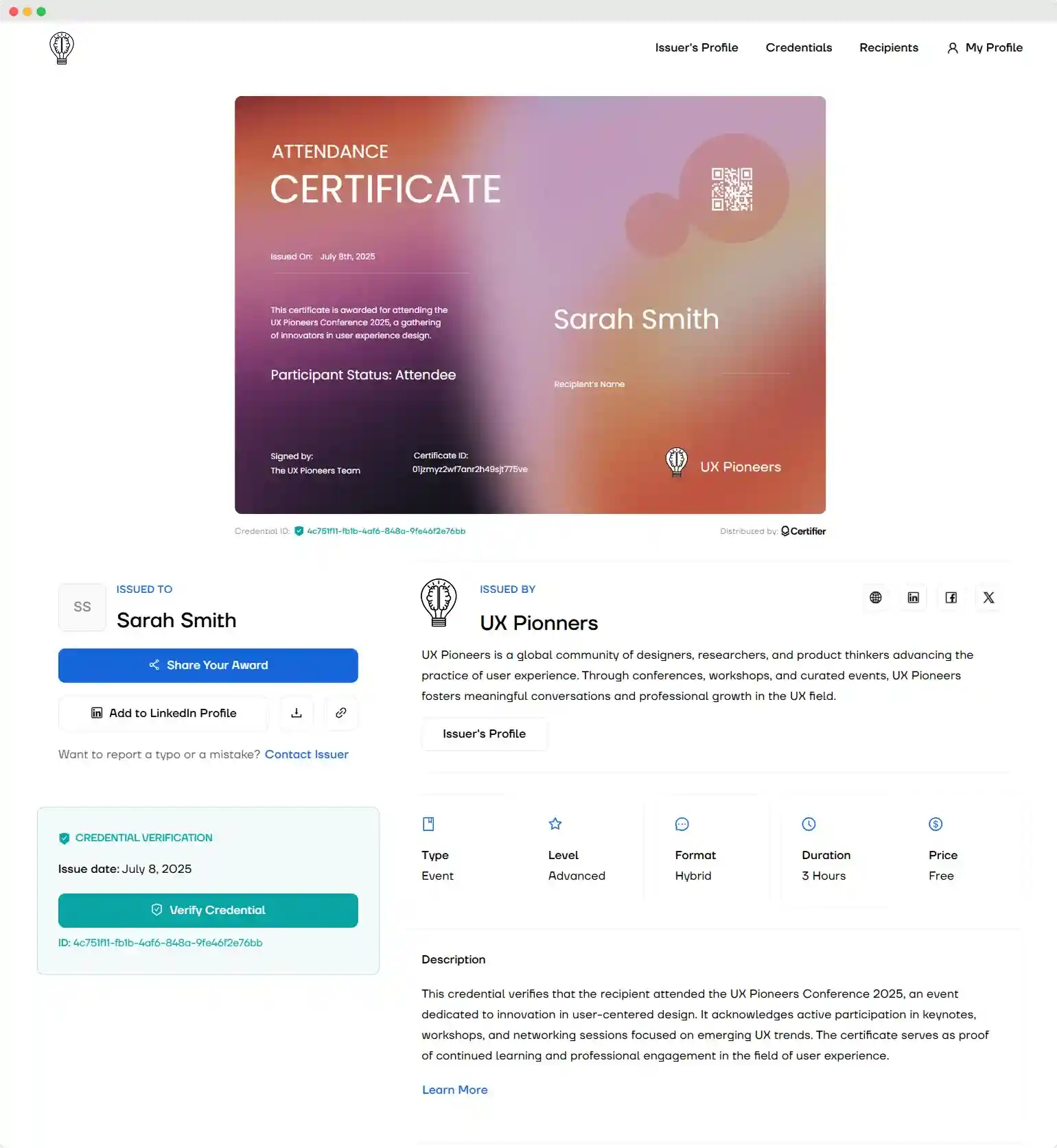 A digital wallet with a full view of an issued credential with Eventbrite certificate verification options, participant details and issuer's contact info and record. A digital wallet with a full view of an issued credential with Eventbrite certificate verification options, participant details and issuer's contact info and record.