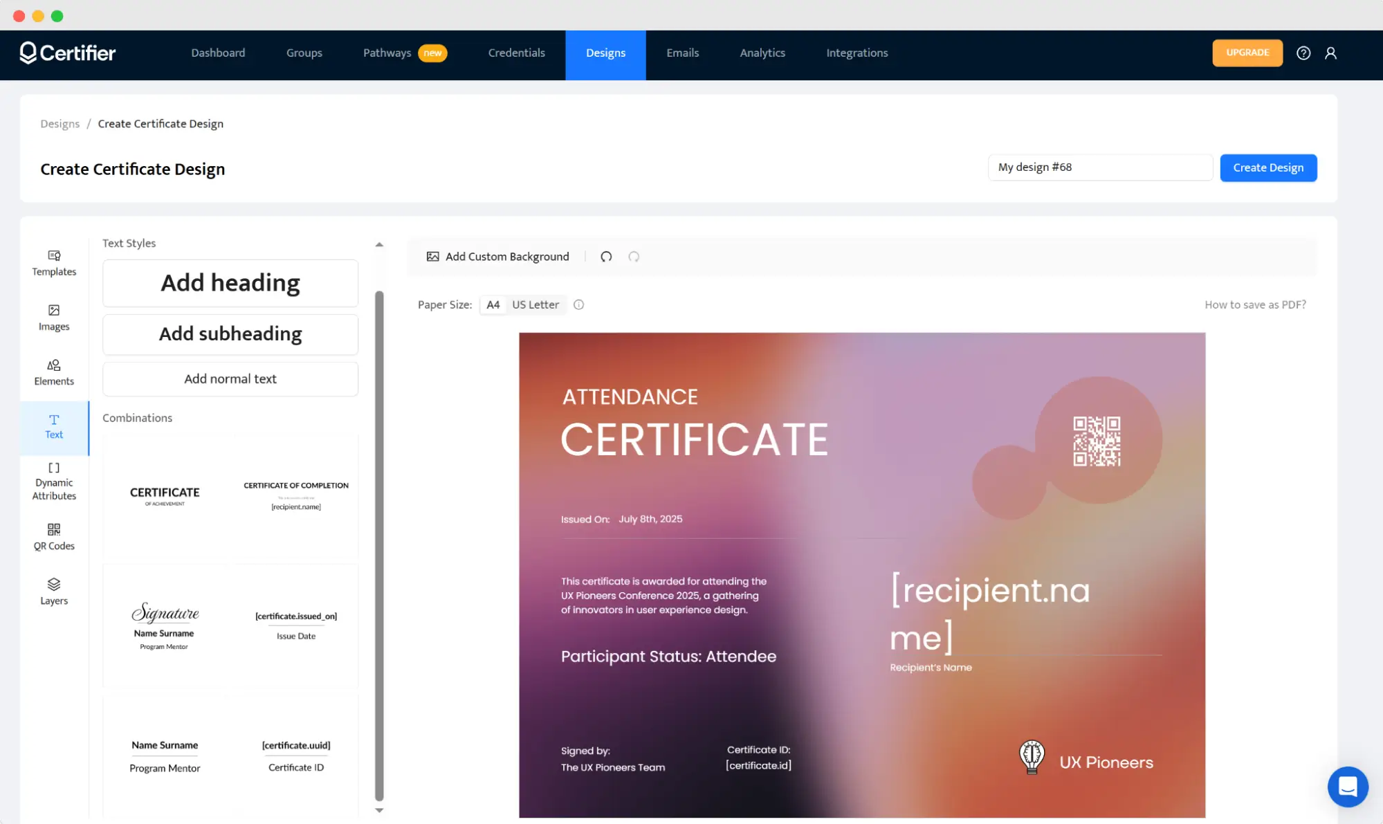 Certifier interface showing an editable Eventbrite certificate template using dynamic fields like recipient name and issue date. Certifier interface showing an editable Eventbrite certificate template using dynamic fields like recipient name and issue date.
