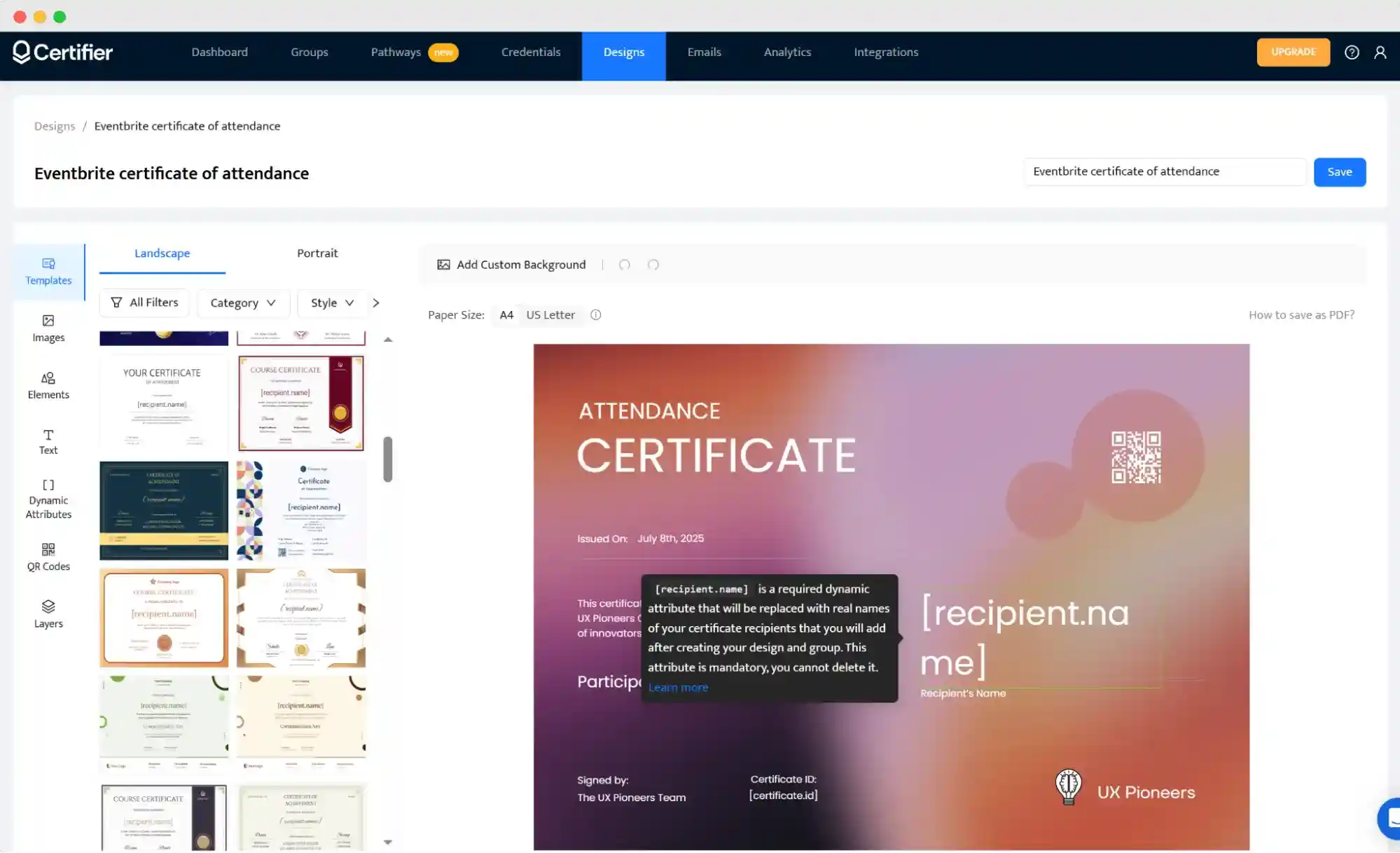 Certifier's dashboard showing a gallery of templates and a customizable Eventbrite certificate template with dynamic fields for attendee data. Certifier's dashboard showing a gallery of templates and a customizable Eventbrite certificate template with dynamic fields for attendee data.