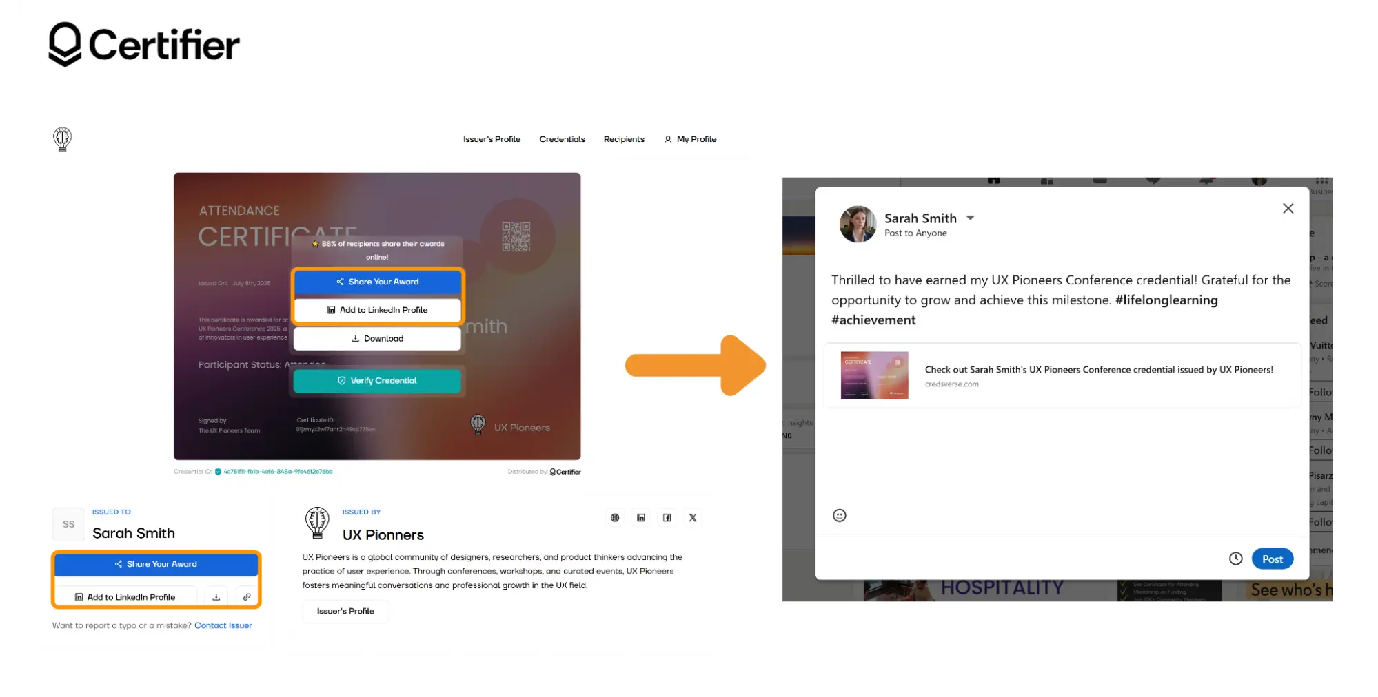Eventbrite certificate sharing on LinkedIn from a digital wallet.