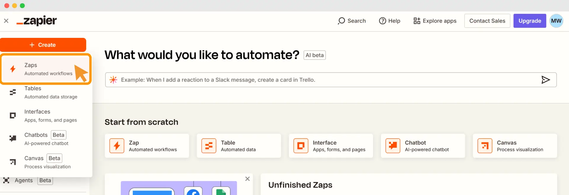 Zapier automation dashboard where users start the setup for Eventbrite certificate automation by selecting Zaps Zapier automation dashboard where users start the setup for Eventbrite certificate automation by selecting Zaps