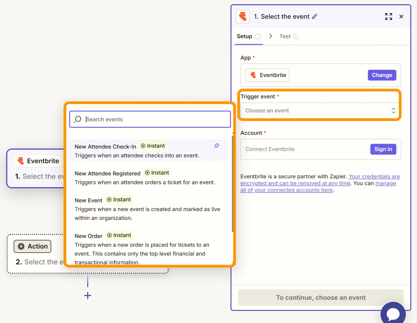 Trigger event options in Zapier showing how to link Eventbrite attendee actions to automatically send an Eventbrite certificate of attendance. Trigger event options in Zapier showing how to link Eventbrite attendee actions to automatically send an Eventbrite certificate of attendance.