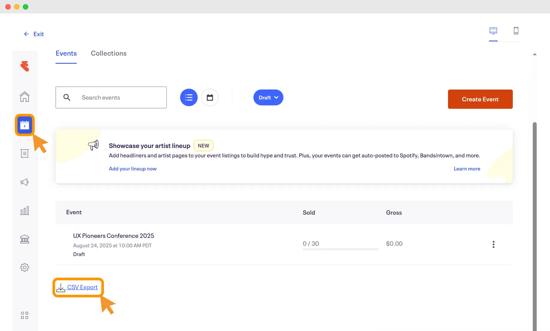 Eventbrite organizer dashboard with an arrow pointing to the CSV Export button used to retrieve the Eventbrite attendance report. Eventbrite organizer dashboard with an arrow pointing to the CSV Export button used to retrieve the Eventbrite attendance report.