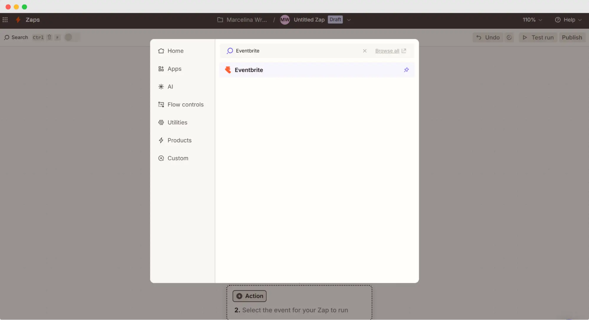 Inside Zapier, Eventbrite is selected as the trigger app to start the Eventbrite certificate automation workflow. Inside Zapier, Eventbrite is selected as the trigger app to start the Eventbrite certificate automation workflow.