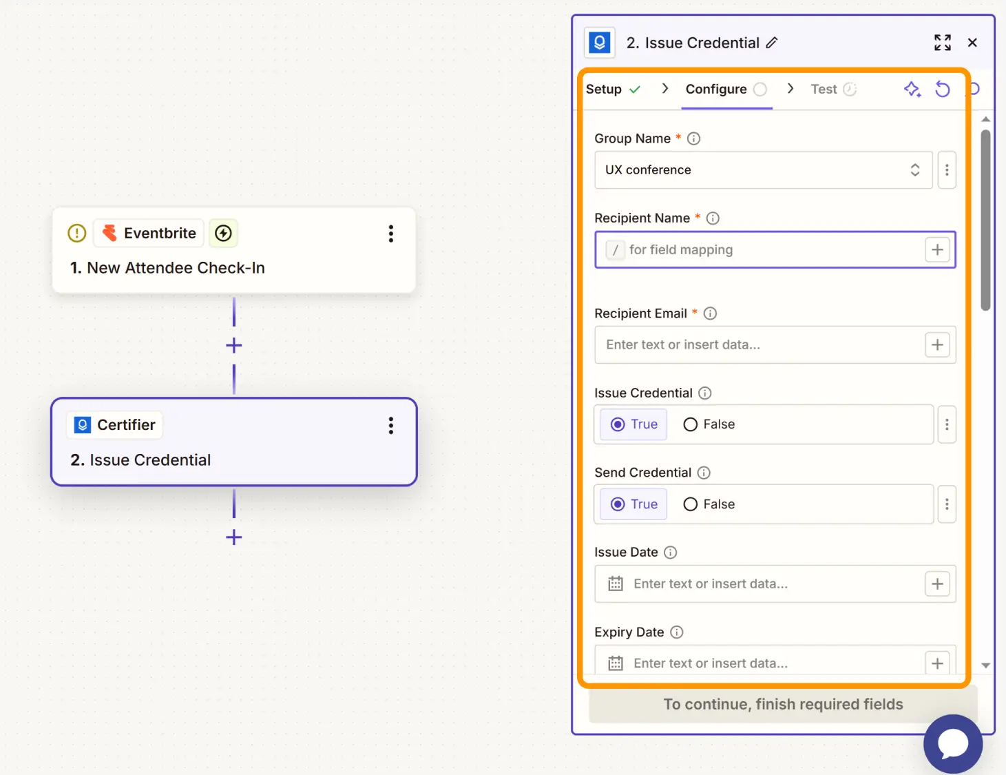 The Certifier setup screen in Zapier, where Eventbrite attendee data is mapped for issuing an Eventbrite certificate of attendance. The Certifier setup screen in Zapier, where Eventbrite attendee data is mapped for issuing an Eventbrite certificate of attendance.