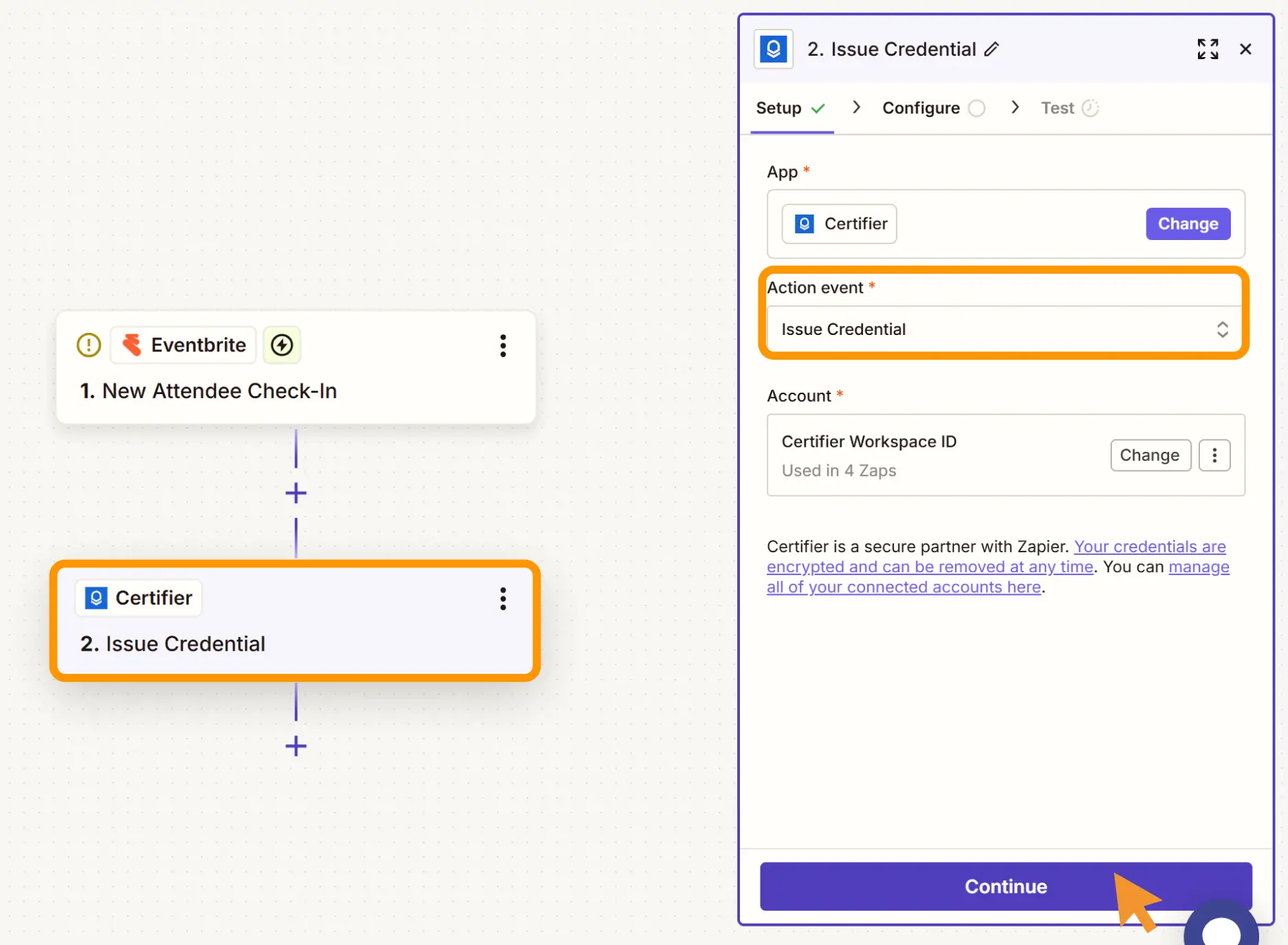The Zapier action setup where Certifier is configured to issue an Eventbrite certificate of attendance automatically. The Zapier action setup where Certifier is configured to issue an Eventbrite certificate of attendance automatically.