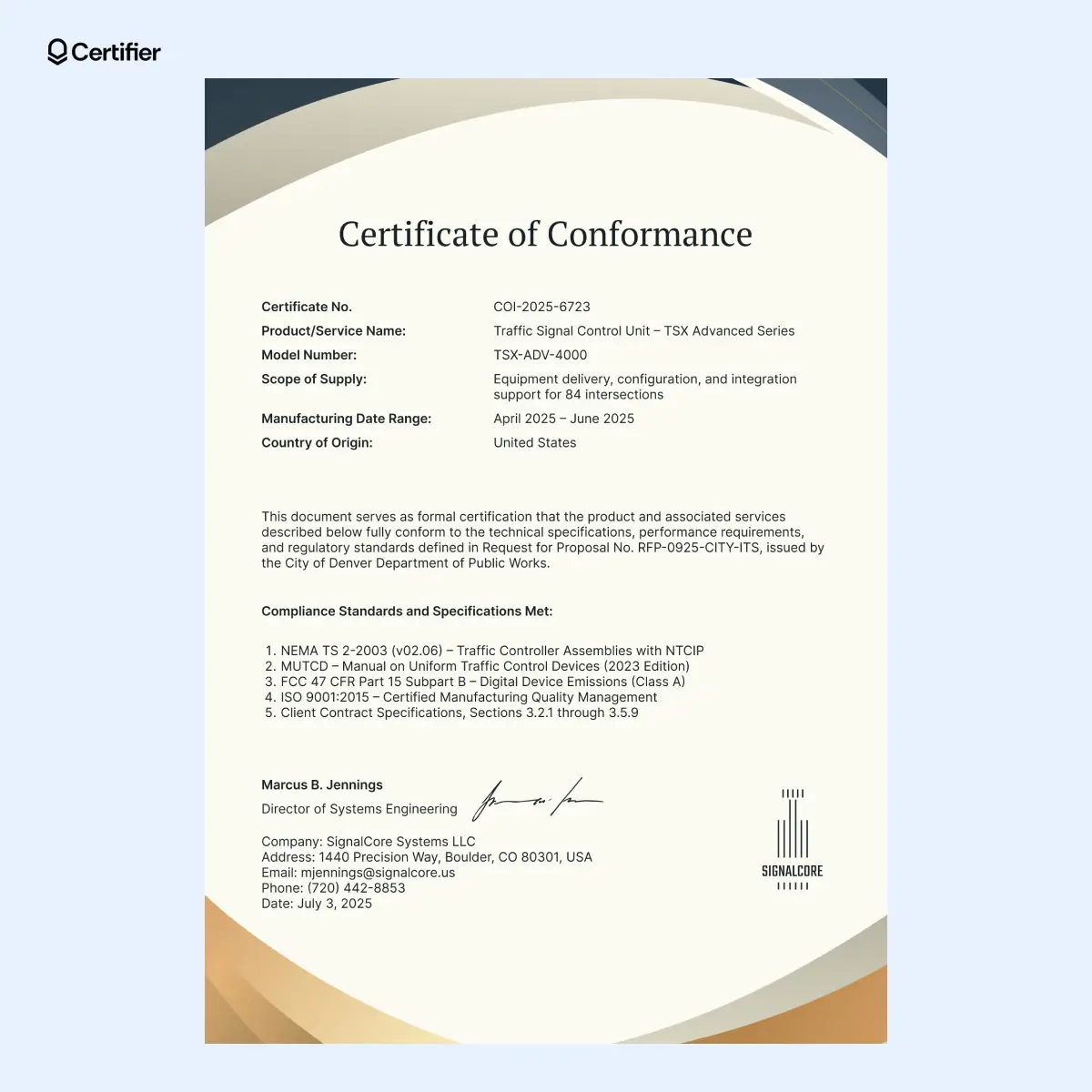 Certificate of conformance template Word file with colored curves and product info listed above manufacturing data.