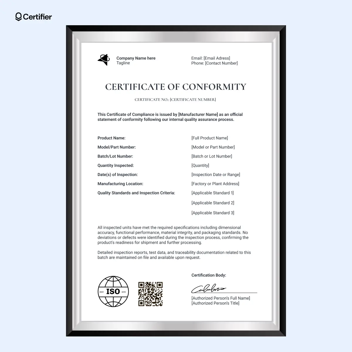 Certificate of conformity with double-frame border, structured fields and digital signature area; can be used as a certificate of conformance template PDF file.