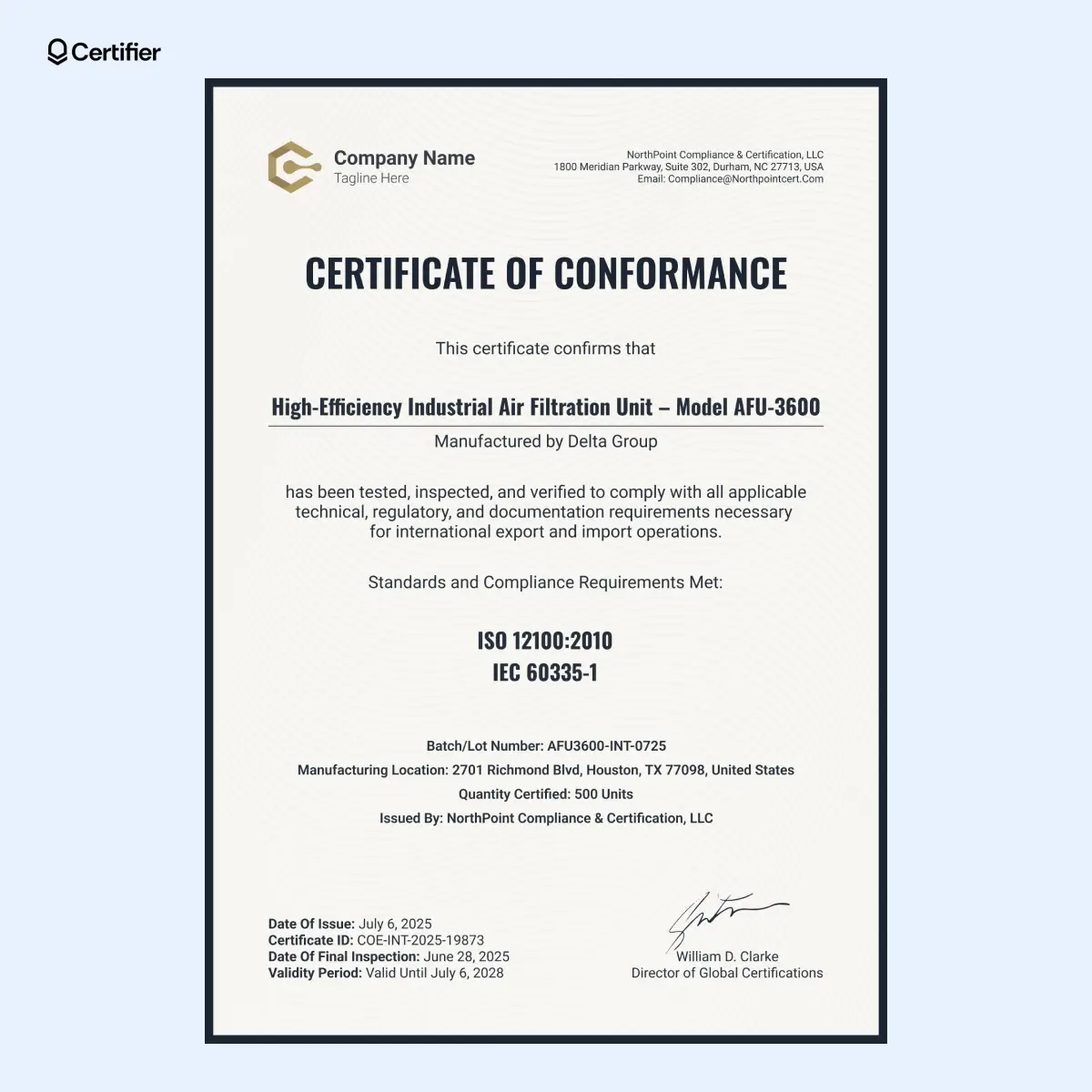 Certificate of conformance template with cream background, centered formatting and bold compliance section.
