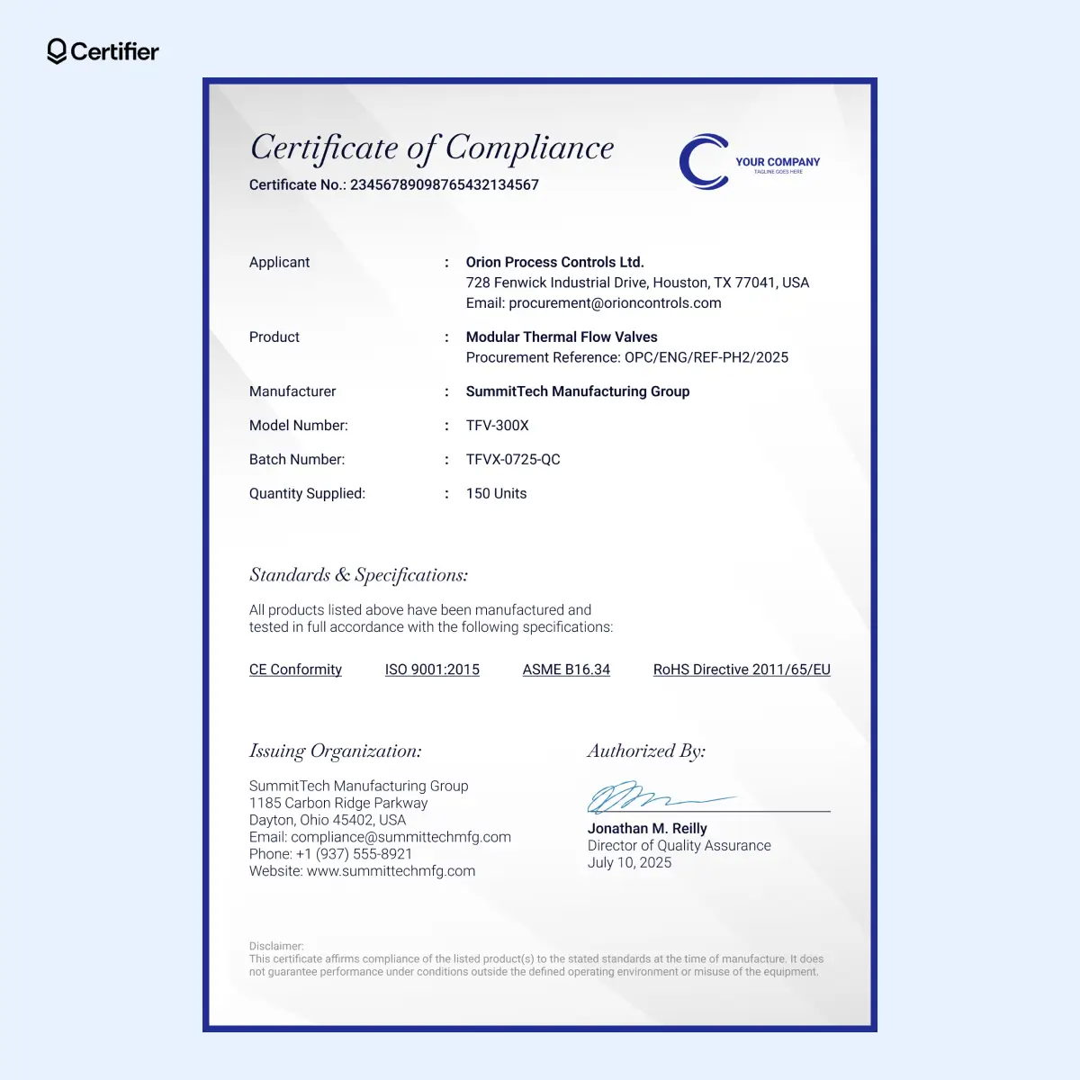 Blue certificate of compliance with top ID number, underlined key fields and placeholder logo; can be used as a manufacturing certificate of conformance template.