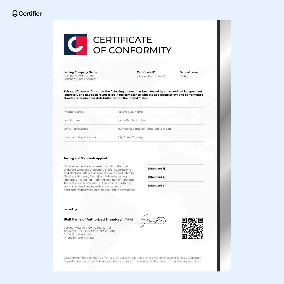 Certificate of conformity with vertical grey stripe, standards list and QR code field.