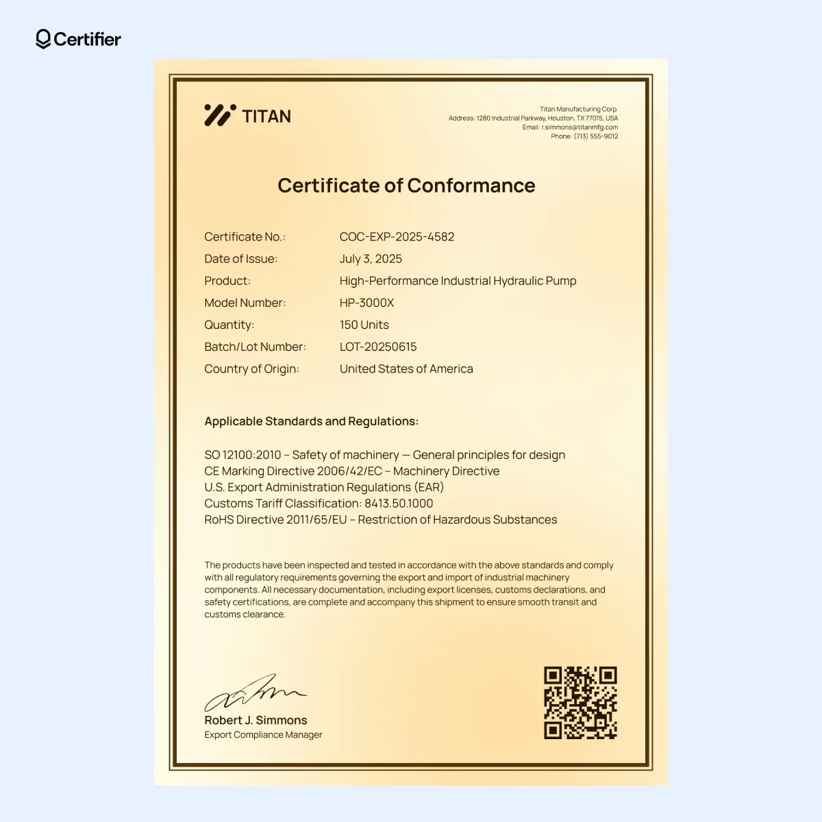 Gold-toned certificate of conformance with structured fields for product, standards and compliance.