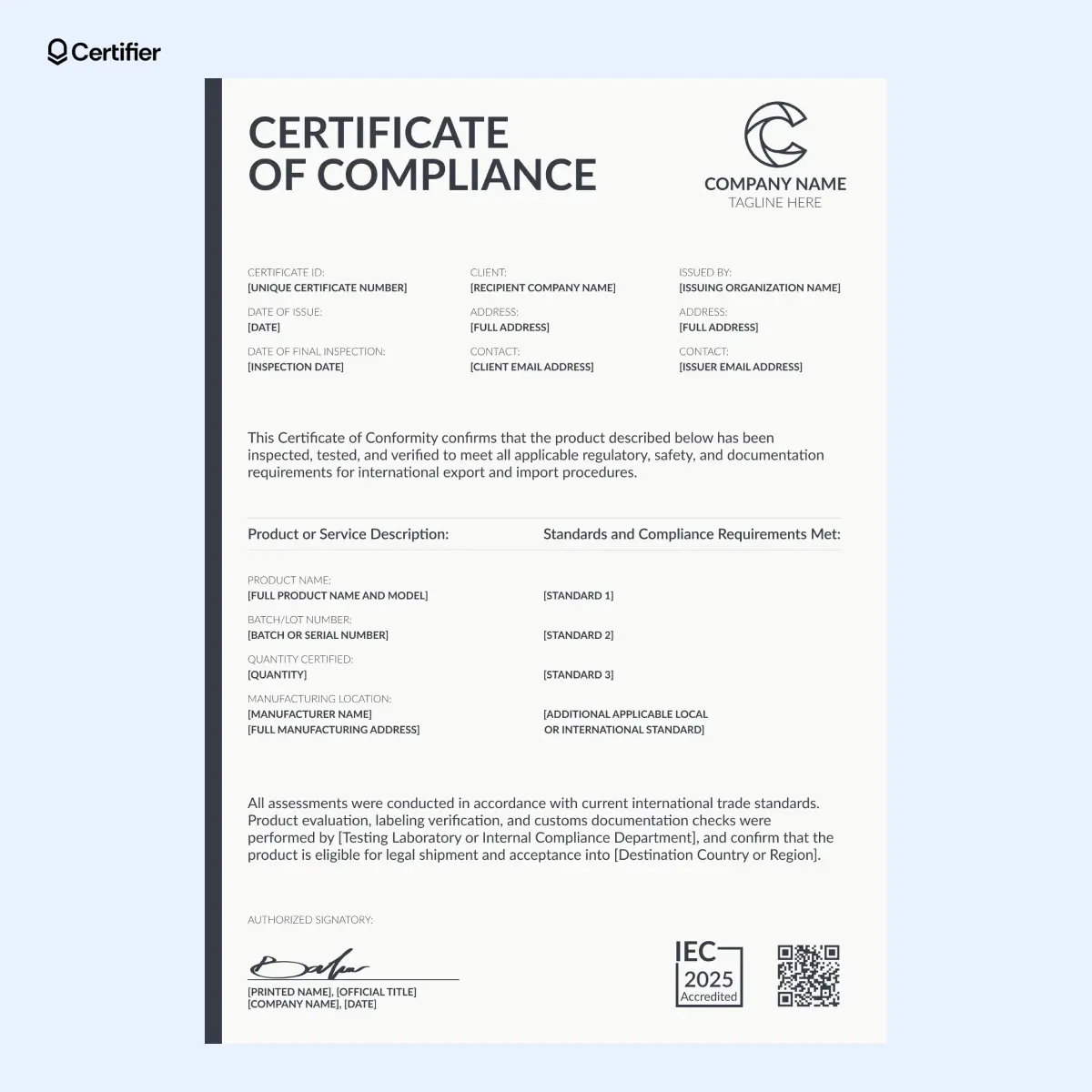 Certificate of compliance with black-and-white layout, column headers and QR verification badge.