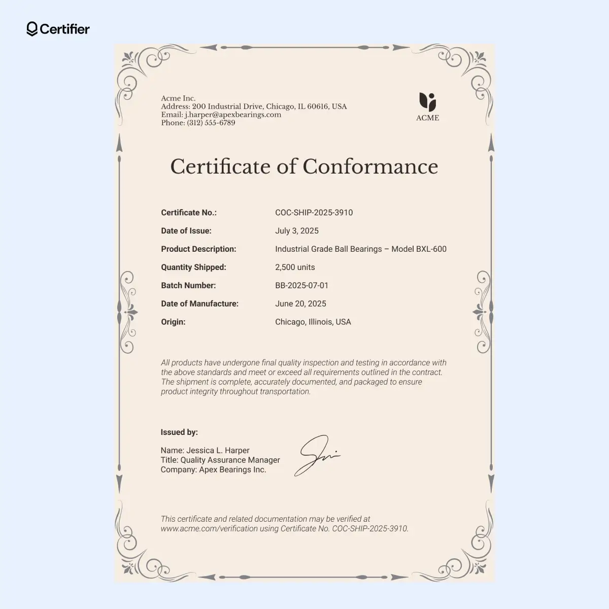 Ornate certificate of conformance template with light design and top-down product info.