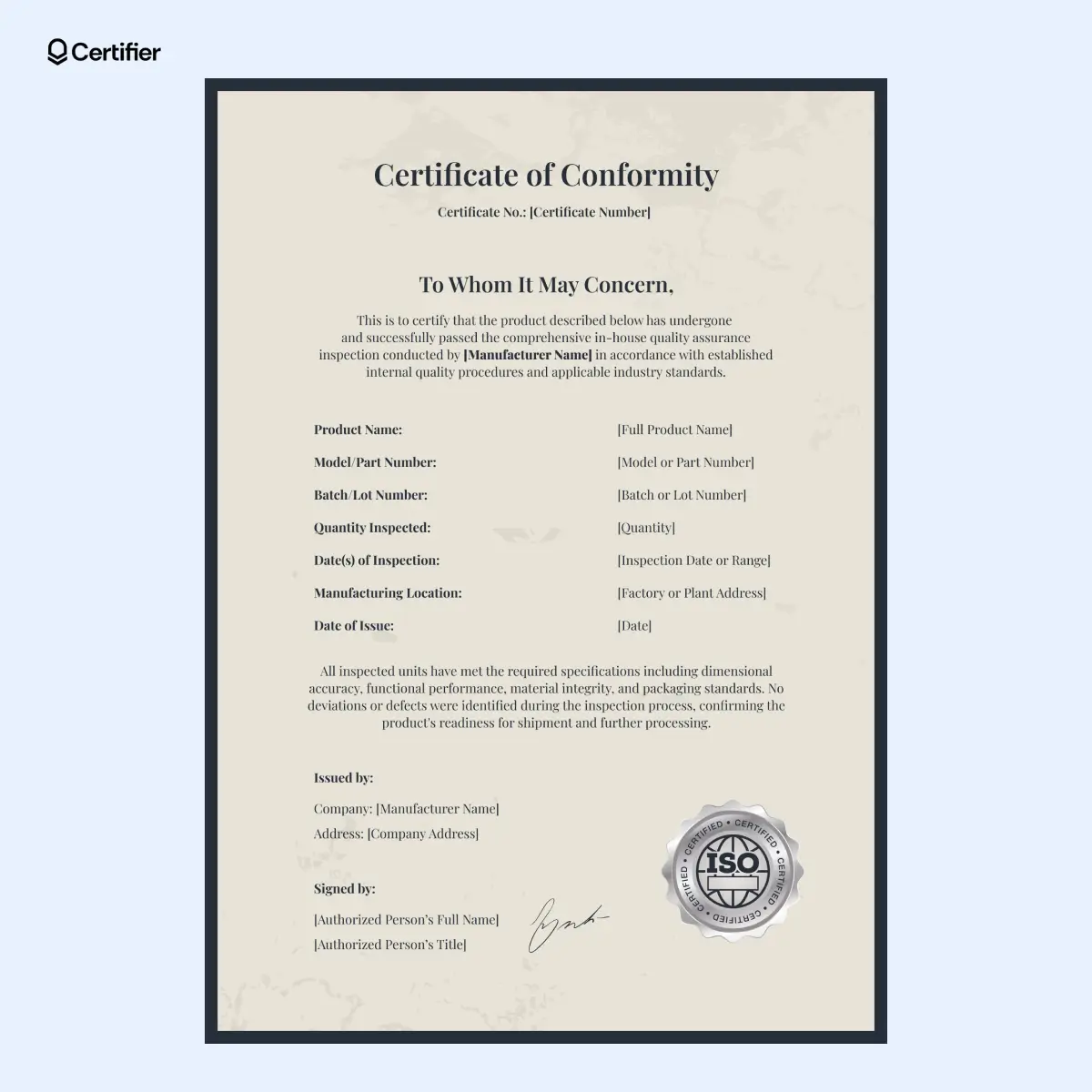 Certificate of conformance template form with clean black-and-white layout and two-column format.