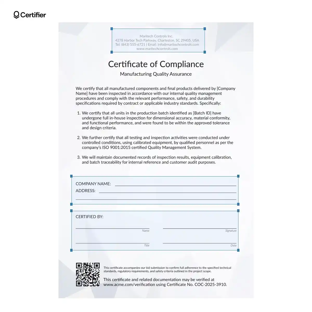 Certificate of conformance template form with editable elements on a white background; could be used as a manufacturing certificate of conformance template.