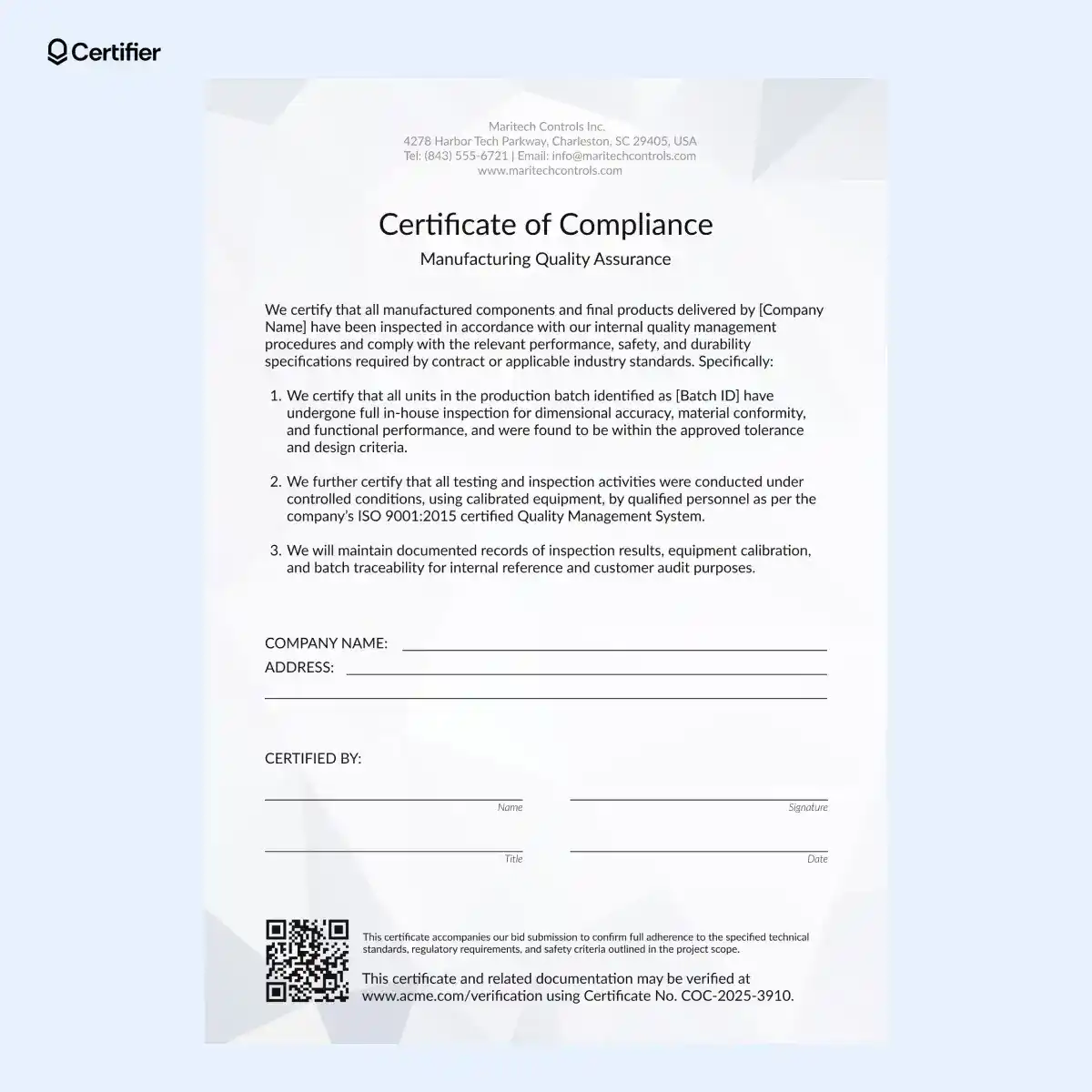 Certificate of conformance template with blank fields for company name and address and batch inspection details.