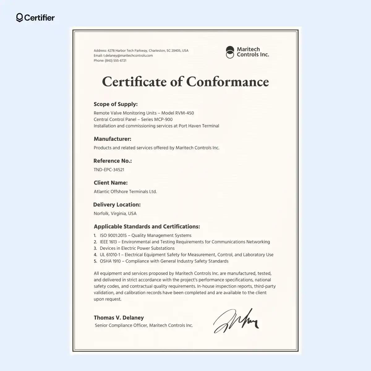 Cream-colored conformance template with clear scope, standards list and digital signature space; can be used as a certificate of conformance template PDF.
