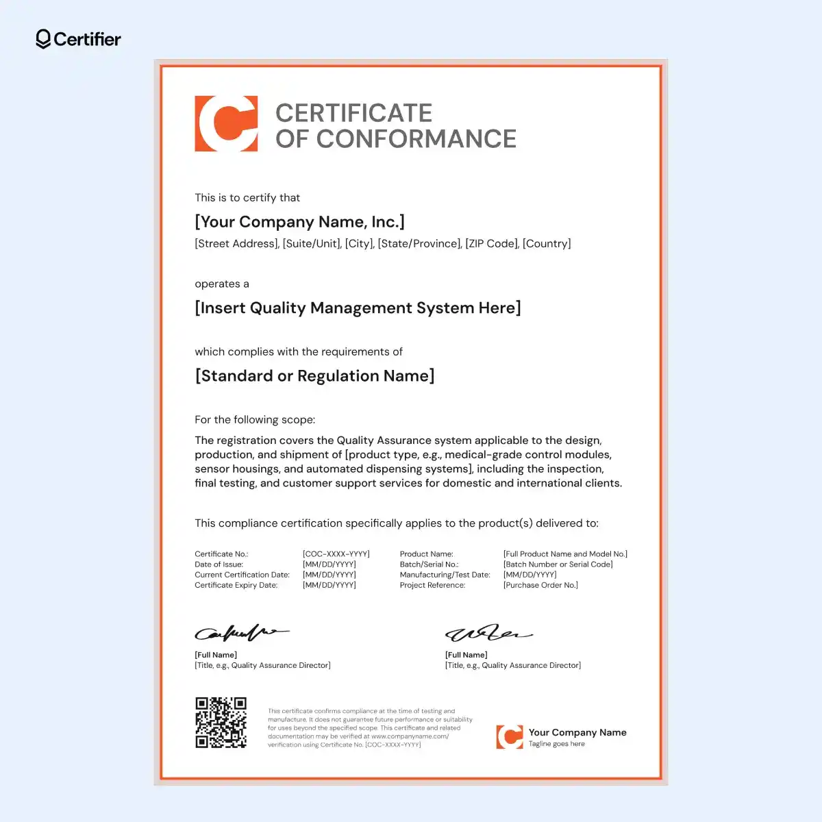 Manufacturing certificate of conformance template with orange border, company info at top and logo at bottom.