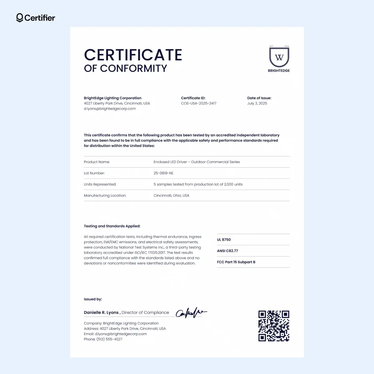 Supplier certificate of conformance template with white background, navy text and a QR code for verification; available as a manufacturing certificate of conformance template or a certificate of conformance template PDF.