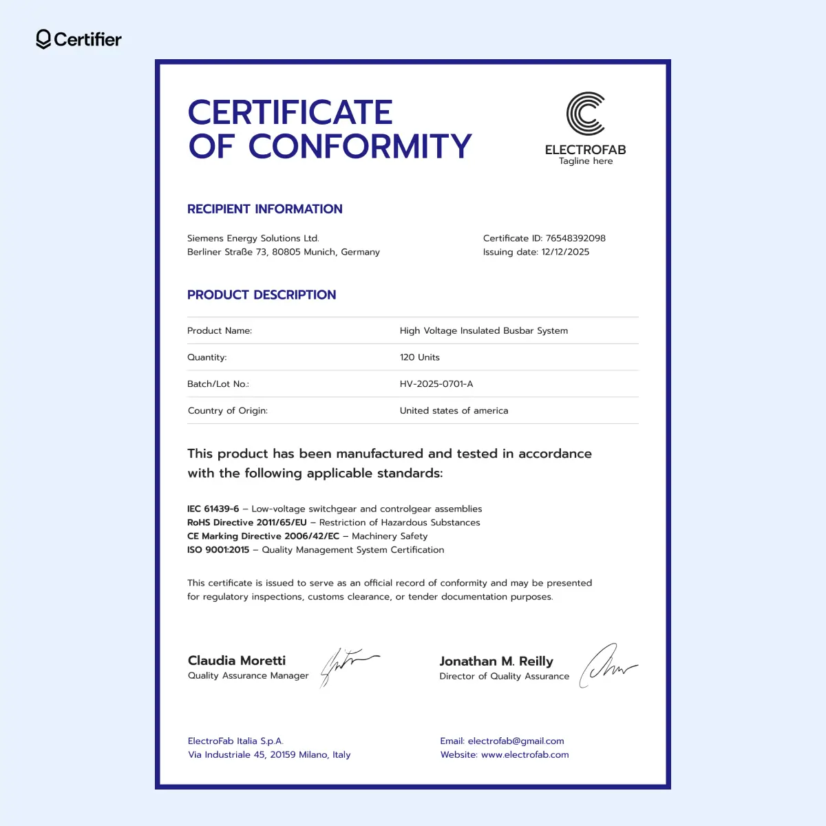 Certificate of conformance template PDF showing detailed product info and contact details for verification.