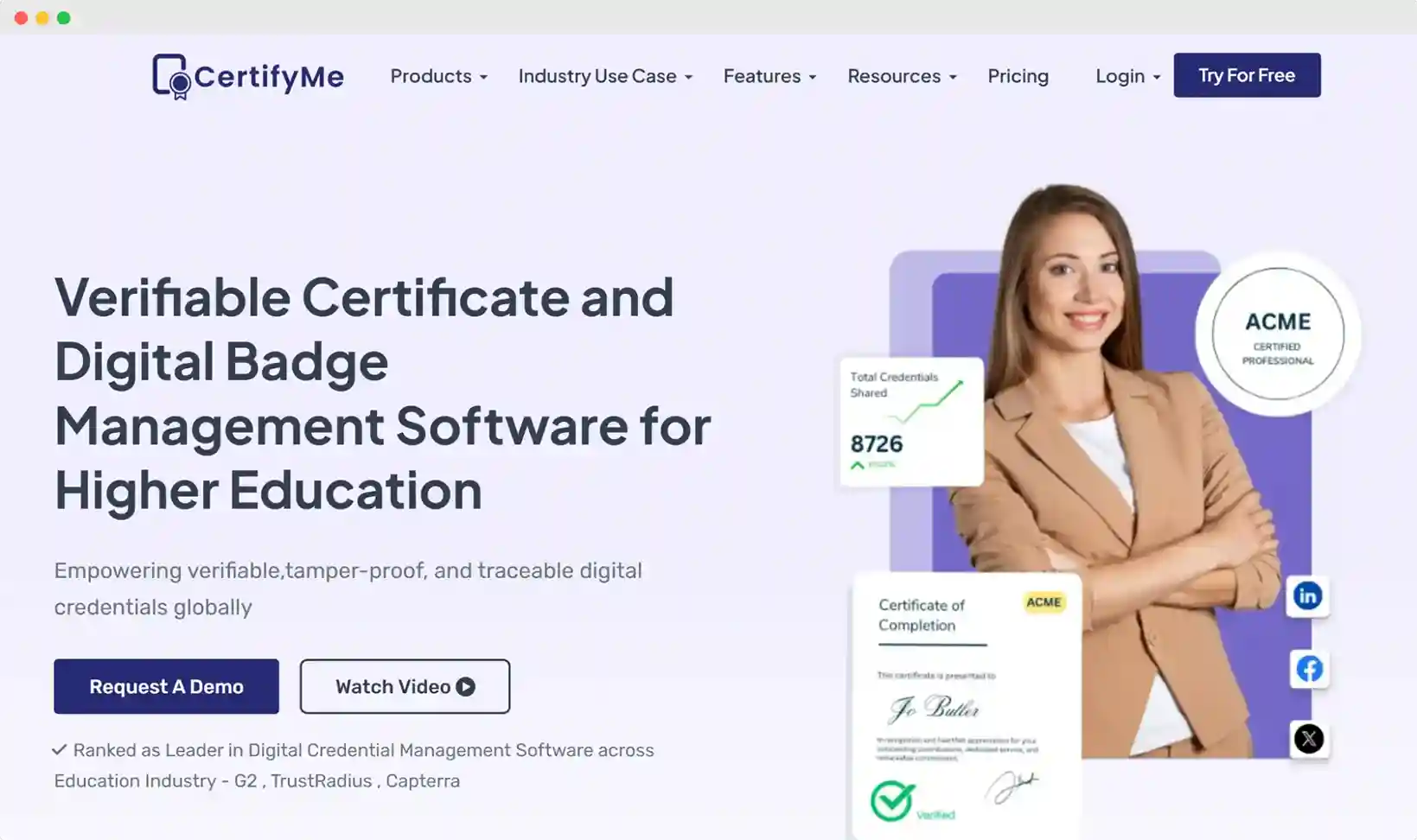 CertifyMe showcasing a woman next to a certificate of completion and a digital badge with social media icons, promoting itself as the best program to create a certificate and manage online courses credentials.
