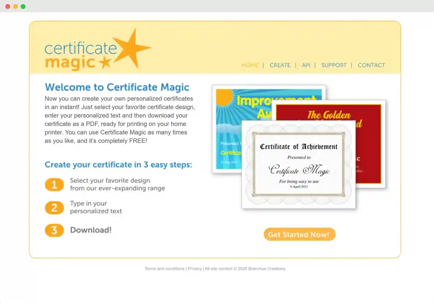 Certificate Magic homepage—one of the best program to make a certificate—with colorful sample templates and a three-step creation process, positioning it as a simple tool to create certificate designs and download certificates instantly for any occasion.